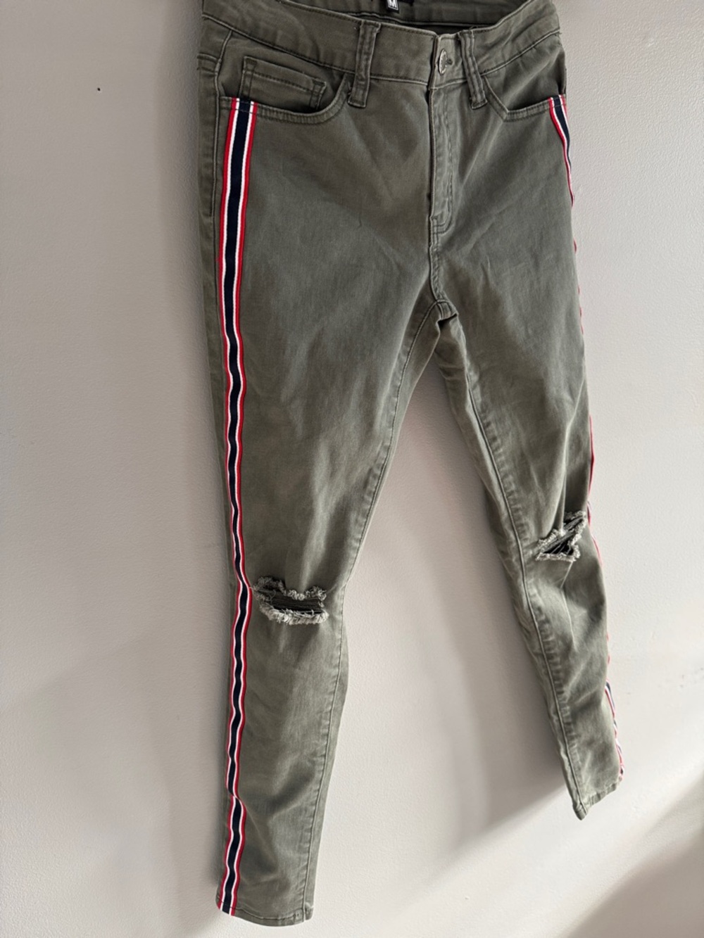 Olive Green Skinny Jeans with Red-White-Blue Side Stripes